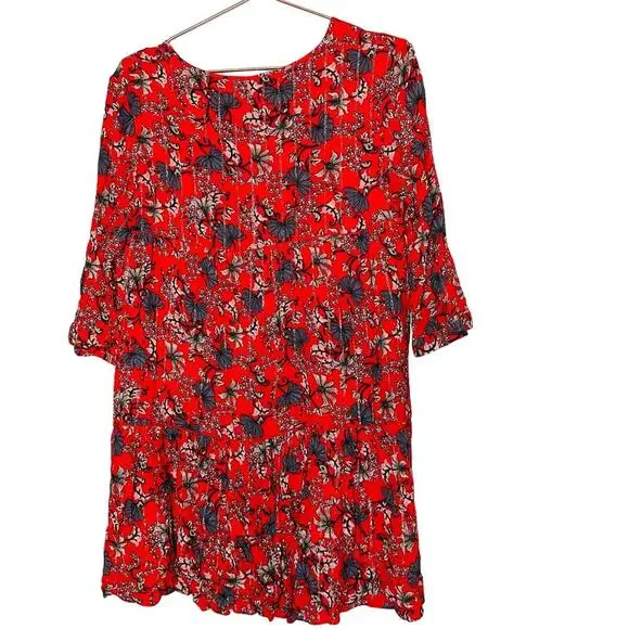 ba&sh Women's Red Floral Boho Babydoll Floral Print Smocked Mini Dress Size 2